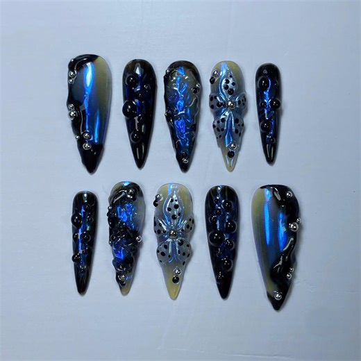 Galaxy Chrome Press on Nails: Dark Blue Liquid Metal Alien Core 3D Statement Nails - Etsy