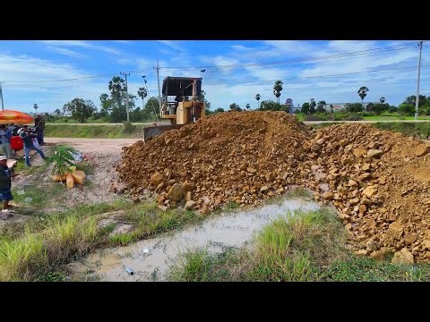 So Great Job First Open Project Filling Rice Field By Heavy Dump Trucks Unloading Stone & Dozer Work