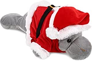 DolliBu Santa Grey Manatee Stuffed Animal Plush Toy - Super Soft Ocean Life Animal Dress Up with Red Santa Claus Hat, Cute Ocean Life Gift, Perfect 15 Inch