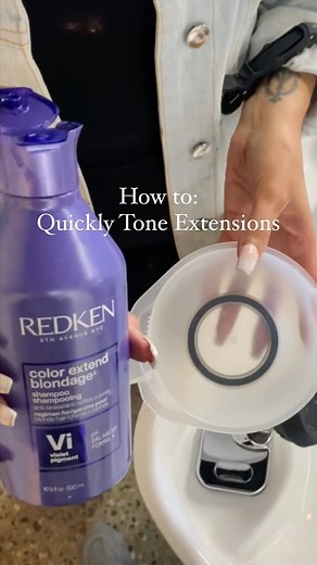 Ashley Smith | Tampa FL on Instagram: "Toning extensions with @redken Color Extend Blondage. My fave powerfully pigmented purple shampoo💜💜💜 My client was sent a package of golden extensions instead of the icy white she ordered. @redken to the rescue with this quick fix. @behindthechair_com @thebtcteam #behindthechair #thebtcteam #btcreelquickie #ittakesapro #toningtips #redkenhaircare #purpleshampoo #btcquickie #redkenxbtc #redkenobsessed #extensiontips #haireducation #haireducator @haleygabl