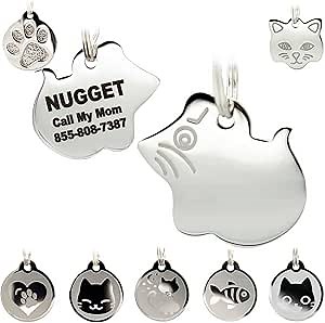 Stainless Steel Cat ID Tags - Engraved Personalized Cat Tags Includes up to 4 Lines of Text with Mouse Shape