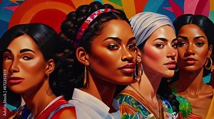 Closeup of a colorful mural depicting strong and empowered women from different cultures and backgrounds, celebrating diversity and equality, 4K High-Quality animation video