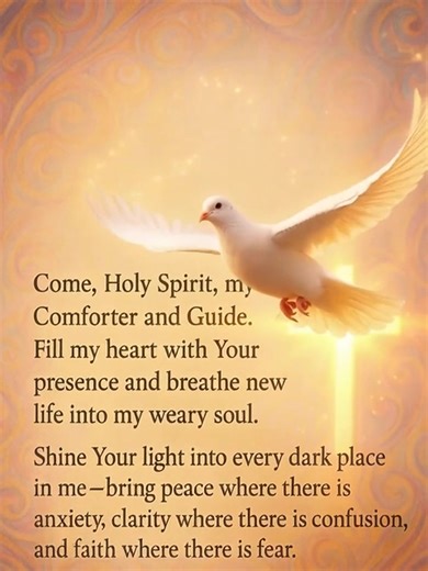 🌹🌹PRAYER TO THE HOLY SPIRIT Come, Holy Spirit, my Comforter and Guide. Fill my heart with Your presence and breathe new life into my weary soul. Shine Your light into every dark place in me-bring peace where there is anxiety, clarity where there is confusion, and faith where there is fear. | LIFE of Humility