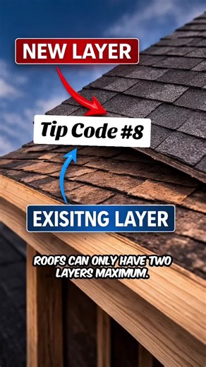 Roofing rule many homeowners don’t know: you can only have two layers of roofing maximum. If a roof already has two layers, the existing roofing must be removed before installing a new roof. 📖 IRC / CRC R908.4 Roof Recover Adding more than two layers is not permitted because it can overload the structure and prevent proper inspection of the roof deck. #buildingcodes #roofinspection #roofing #reroof #buildinginspector