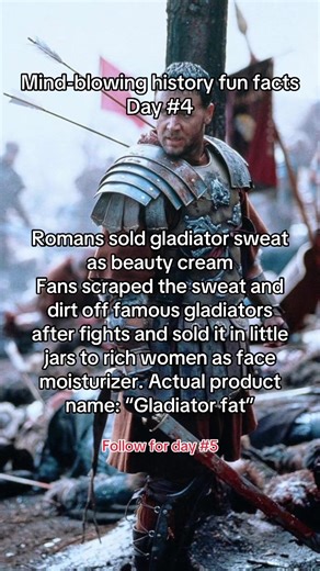 Ancient Romans sold gladiator sweat as luxury beauty cream. 🏛️💦 After brutal fights, fans and vendors scraped the bloody sweat, oil, and arena dirt off star gladiators’ bodies. This nasty mix called “sordes” or “gladiator fat” was bottled and sold to rich Roman women as the ultimate face moisturizer and powerful aphrodisiac. They swore it gave glowing skin and irresistible sex appeal. Top gladiators even endorsed brands like modern influencers. Archaeologists found tiny jars labeled “Use like 