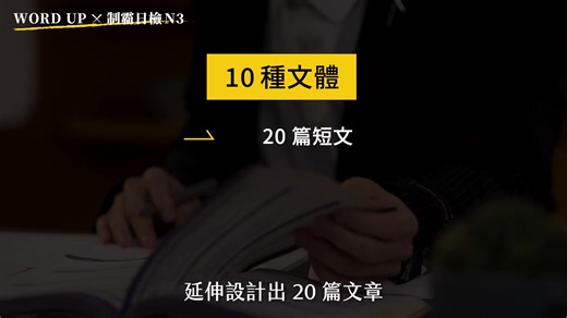 不再只是通過考試，而是真正的「會日文」 https://url.wordup.com.tw/eVtjr 🎁 買就送 #兩個月【AI口說評測】 #四堂【解題前哨戰】 你是不是也有以下困擾？ ❌ 文法搞不清楚用法，考試靠猜 ❌ 聽力聽得懂單字卻聽不懂句子 ❌ 讀文章老是卡關，看不出出題陷阱 別再一個人亂槍打鳥了～ —————— 這不是普通的N3課程 而是一場從考試走向生活的實戰訓練！ 上完這堂課，你將學會⋯⋯ ✅ 一次搞懂10種日檢常考文體，每種都教你正確的讀法與破解關鍵 ✅ 20篇實戰文章帶你掌握150句型 1000單字 ✅ 逐句聽力訓練 日籍老師原音發音，讓你聽得懂也說得出 ✅ AI 口說評測即時回饋，說日文再也沒有台式發音 ✅ 閱讀 x 精聽 x AI口說三效整合，不只考得過，更用得上 不只學會，還能⋯⋯ ✨ 讀得懂車站公告、租屋廣告、店內規則 ✨ 聽得懂日本人自然語速的發言內容 ✨ 說得出完整句子，不再只會單詞 比手畫腳 ✨ 有信心報考N3，甚至挑戰更高級別 —————— 🚀你缺的不是努力，是一個真正能帶你升級的系統！ 這堂課是你走向世界的門票，讓日文成為你生活與工作的真實工具