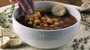 Healthy eating, eating with bread chickpeas soup with tomatoes in a bowl. On the table a bowl of creamy and rustic legume soup. Eating healthy vegetarian dinner. Cozy and warm food. Protein dinner.
