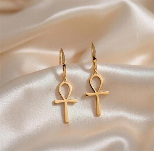 Gold Ankh Earrings, Ancient Egyptian Life Symbol Hoops, Minimalist Protection Jewelry, Spiritual Dainty Drop Gift | Signature Atelier - Etsy