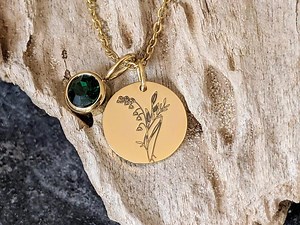 Birthstone & Birth Flower Necklace May- Lily of the Valley or Hawthorn Engraved Charm- Emerald Crystal- Gold or Silver Stainless Steel - Etsy