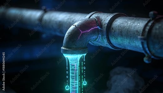 Leaking data pipeline concept, cyber security breach, digital information loss, data stream corruption.