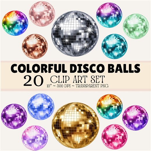 Colorful Disco Balls Clip Art Set – 20 Shiny Mirror Ball Illustrations, Retro Party, Rainbow & Metallic Pngs, Transparent Background - Etsy