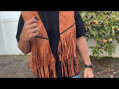 OYOANGLE Men's Casual Suede Top Shirt Boho Fringe Trim Open Front Sleeveless Vest Jacket Waistcoat