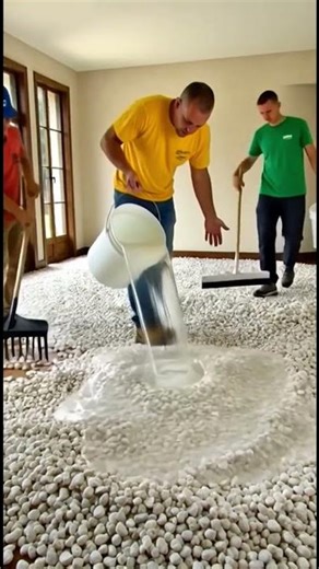 Transforming living room with elegant white stones and sleek epoxy flooring