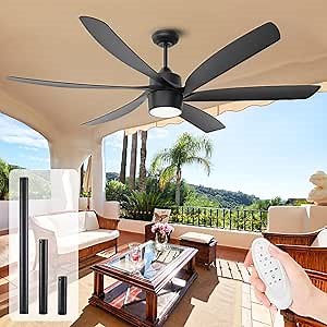 64'' Black Ceiling Fan with Light and Remote, Outdoor Ceiling Fans for Patios, 6 ABS Blades 6-Speeds Quiet Reversible DC Motor, Modern Large Airflow Ceiling Fan for Dinning Living Room