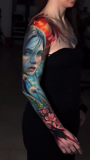 3.5K views · 494 reactions | Healed sleeve, only splashes on hand and chest fresh.  On lovely @pierce.beti Sponsored @worldfamousink @inkjecta @kwadron @killerinktattoo @tattooarmourpro #tattoo #tattooartistmagazine #inked #tattooartist #colorful #inked #floraltattoo #flowers #tattooartist #colortattoo #tattooart #inkedgirls #tattoomagazine #portrait #portraittattoo #mystic #ink #art #sleevetattoo | Sandra Daukshta Tattoo | Facebook