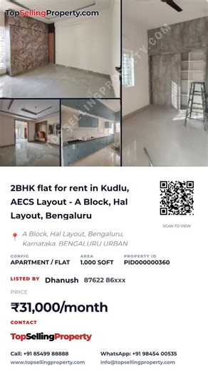 Top Selling Property l Real Estate Platform l Pan India on Instagram: "🏠 APARTMENT / FLAT Property 2BHK flat for rent in Kudlu, AECS Layout - A Block, Hal Layout, Bengaluru 📍 A Block, Hal Layout, Bengaluru, Karnataka, BENGALURU URBAN 💰 ₹31,000/month 🏠 Config: APARTMENT / FLAT 📐 Area: 1,000 sqft 🔗 View Details: 👉 https://www.topsellingproperty.com/property/PID000000360 📞 Contact for site visit & details Property ID: PID000000360 Shared via TopSellingProperty.com"