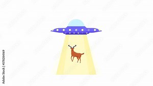 Animated deer abducted by aliens. Flying saucer hanging above wild animal. 2D cartoon flat scene 4K video footage on white with alpha channel transparency. Concept animation for web design