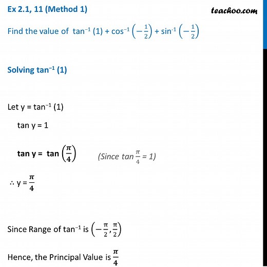 Ex 2.1, 11 - Find value tan-1 (1) + cos-1 (-1/2) + sin-1 (-1/2)