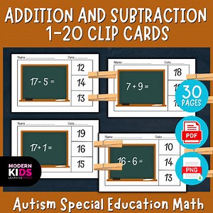 Addition and Subtraction 1-20 Clip Cards Worksheets - Autism Math Stations