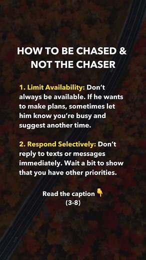 3. Engage in Brief, Impactful Conversations: Keep your conversations interesting but short. Leave him wanting more by ending the chat on a high note.⁠ 4. Leave First: When hanging out, be the one to end the interaction first. This shows you have a busy life and aren’t always waiting around.⁠ 5. Show Interest, Then Pull Back: Show genuine interest when you’re together, but pull back slightly afterward. For example, after a great date, take a day or two before suggesting another meetup.⁠ 6. Plan S