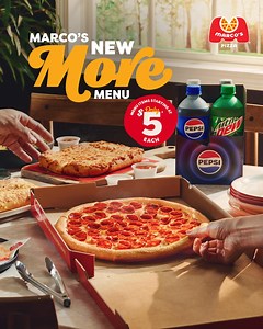 Get deals on sides, desserts and more when you spend $7.99 or more with Marco’s NEW More Menu. Need we say more? *Use code MOREMENU. Valid on the Marco's More Menu only. For a limited time at participating stores. Delivery minimum & fee may apply. Other restrictions may apply - see marcos.com for details. PEPSI and the Pepsi Globe are registered trademarks of PepsiCo, Inc. All Rights Reserved. | Marco's Pizza