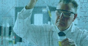 Scientist working in lab with mathematical equations animation overlaid
