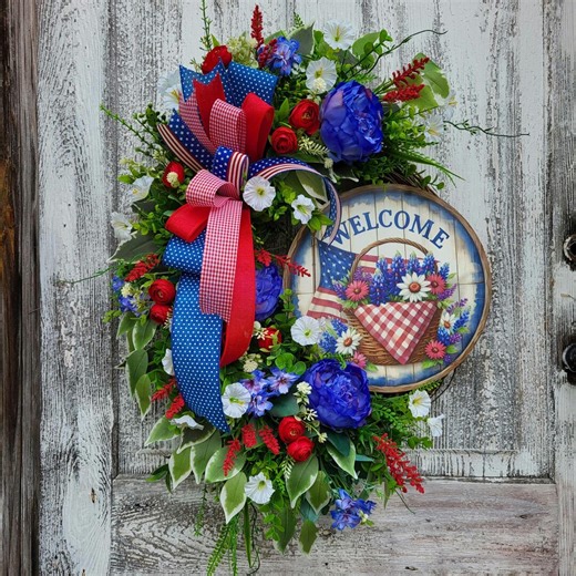 Patriotic Welcome Wreath, July 4th Summer Front Door Decor, Fourth of July Porch Decoration - Etsy