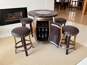 Oak Wine & Whiskey Barrel Pub Table Set: Handmade Rustic Home Bar With 4 Stools (brown) - Etsy