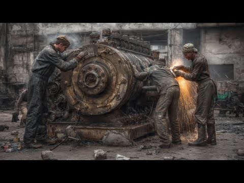 Historic Engine Startup: Full Old Diesel Engine Starting Procedure Of A Large Antique Diesel Engine
