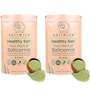 SaltWise Green Salt – 50% Less Sodium, Plant-Based Salt Substitute, 100% Dehydrated Salicornia, Natural Umami, No additives (Pack of 2)