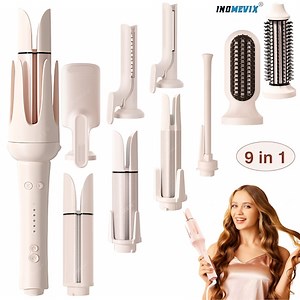 Ondulator automat pentru par 9 in 1 INOMEVIX®, invelis ceramic cu cheratina, rotatie automata, placa indreptare si creponare par, 4 capete ondulare bucle, perie netezire si volum, 3 setari temperatura, 3 moduri temporizare, ioni negativi, incalzire rapida - eMAG.ro