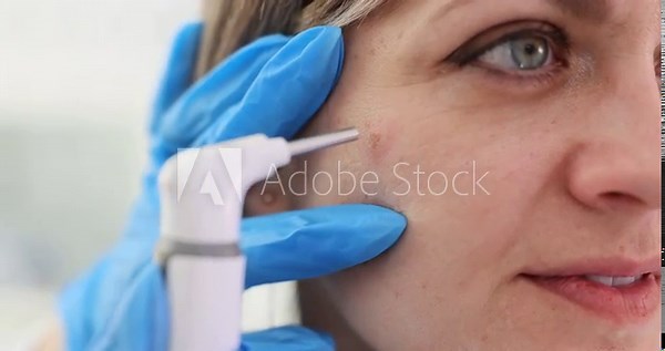 Doctor dermatologist examining neoplasm on patient facial skin with dermatoscope closeup 4k movie slow motion. Treatment and diagnosis of skin diseases and oncology concept