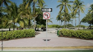 Miami Beach Ocean Drive Street View No Left Turn Sign Summer Afternoon