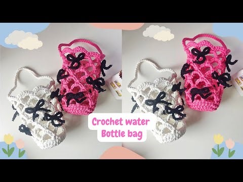 Crochet Mesh Water Bottle Bag with Cute Bows | Easy Beginner-Friendly Tutorial | Gift ideas