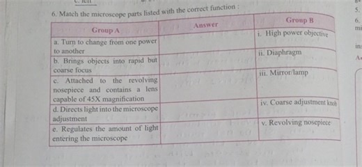 Match the microscope parts listed with the correct function:  G... | Filo