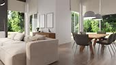 3d Render of modern livingroom with windows to garden. White walls...