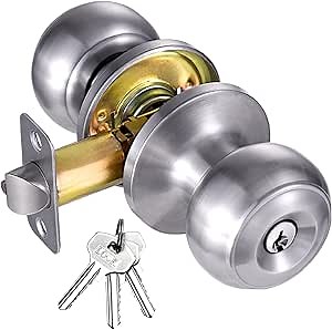 Door Knob with Keyed Lock Easy Install Brass Door Knobs Interior Exterior Safe Secure Entry Satin Brass Universal Fit Brushed Door Knob Closet Bedroom Bathroom Polished Elegant Design (Silver, 1 pack)