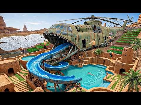 200 Days Transforming Abandoned Helicopter into a Luxury Pool Complex & Slides Using Primitive Tools