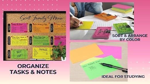 1InTheOffice Index Cards 3x5 Ruled Neon Colored