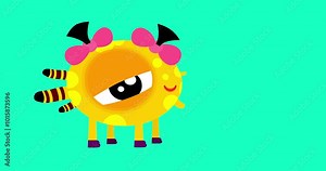 Cartoon monster babe with big eye start walk forward. Funny animal moves serie of children animation. Animated isolated character behaviour walking serie preset good for any use.