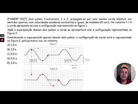FAMERP: Dois pulsos transversais, 1 e 2, propagam-se por uma mesma corda elástica, em sentidos ...
