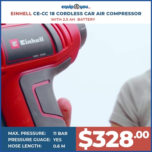 The Einhell CE-CC 18 Cordless Car Air Compressor is ideal for small jobs around the home such as inflating balls, bicycle wheels, and car tyres. It is lightweight and features an ergonomic handle making it easier to use. Einhell CE-CC 18 Cordless Car Air Compressor - $328 BBD (Incl. 2.5AH Battery) #Equip4You #Einhell #aircompressor #automotive | Equip4you