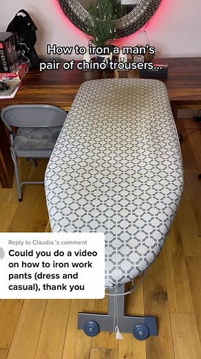 Replying to @Claudia. How to iron a pair of men’s chino trousers #theironingqueen #ironingclothes #ironinghacks #ironingtiktok
