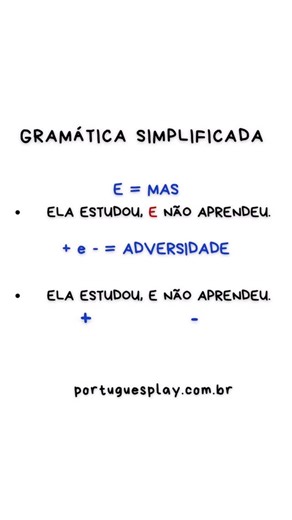 👉🏻 Curso de Português on Instagram: "Antes da conjunção E, deve-se empregar a vírgula se ela tiver sentido de MAS, ou seja, indicando uma adversidade. ✔️Ela é bonita, e ninguém gosta dela. ✔️Trabalhou, e não recebeu o salário. Esse método simplifica seus estudos, não sofra na hora de estudar 📚 gramática. Curso gratuito no link da BIO, aproveite 😉 #portuguesplay #auladeportuguês #dicasdeportuguês #dicapraconcurso #aulasdeportuguês"