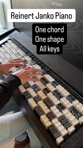 Janko pianos are isomorphic. As a result, chord shapes are the same in all keys. Your muscle memory will learn how these shapes feel like and associate them with the corresponding sound, independent of the key you are playing in. A very intuitive approach to music. #jankopiano #isomorphicpiano #piano #musicinnovation