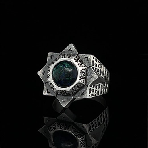 Sterling Silver Azurite Ring, Octagonal Magic Desing, Azurite Malachite Gemstone, 10mm Round Cut Shape Ring - Etsy