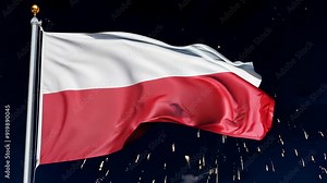 Colorful fireworks illuminate the night sky, featuring a prominent Poland flag as a symbol of celebration and unity.