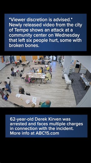 *Viewer discretion is advised.* Newly released video from the city of Tempe shows an attack at a community center on Wednesday that left six people hurt, some with broken bones. 62-year-old Derek Kirven was arrested and faces multiple charges in connection with the incident.