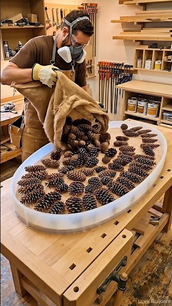 Incredible Rustic Pinecone & Resin Oval Table Art! 🌲✨ #resinart #epoxytable #diycraft