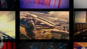 Multichannel curved display of colorful screens. Montage footage media. Zoom-out